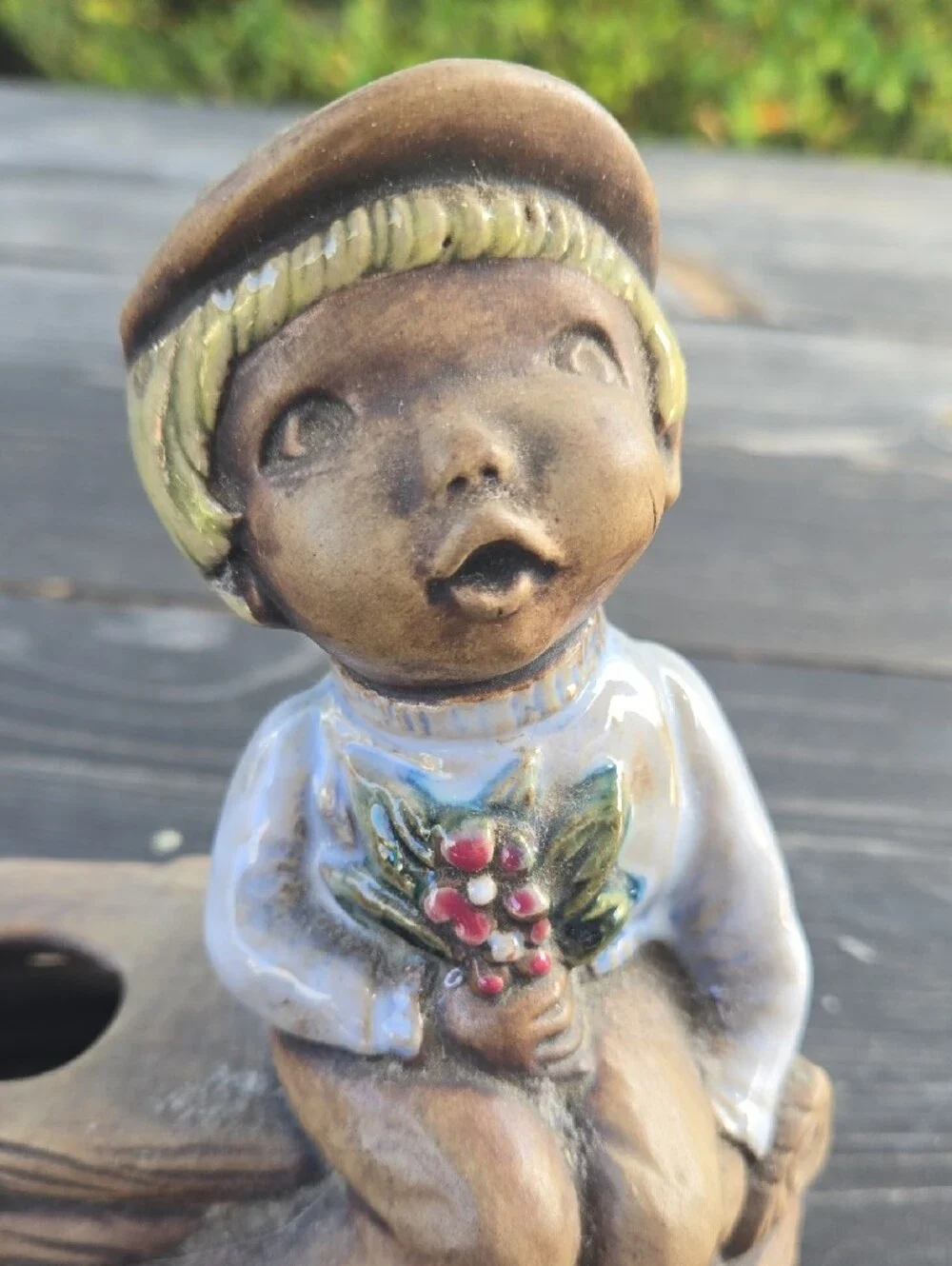 Vintage Brown and Cream Boy Figurine Vase with Pink Floral Accents